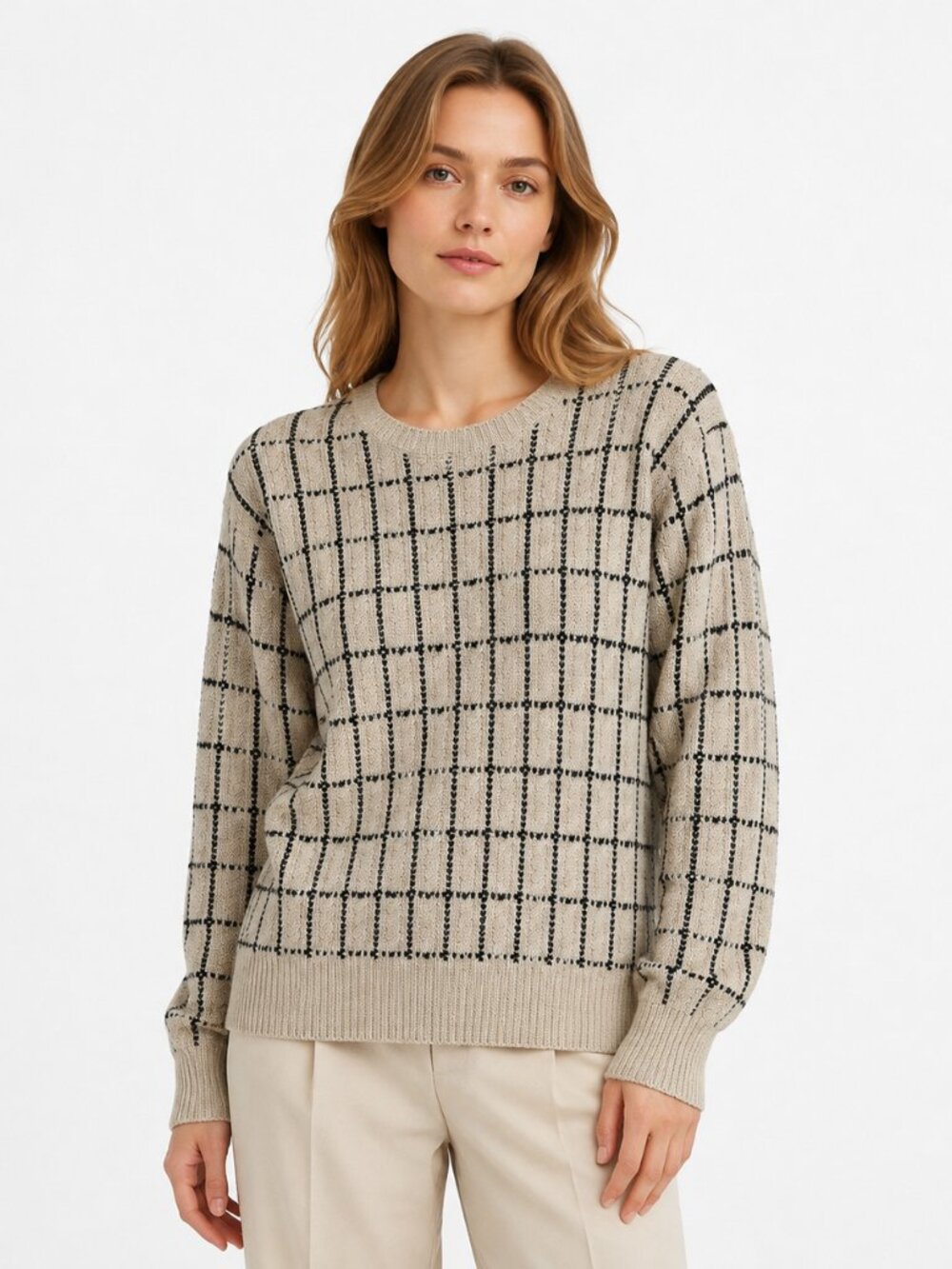 Vintage 90s‎ Ralph Lauren Silk Cable Knit Sweater M Cream Black Grid Preppy